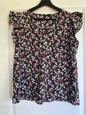 Denver Hayes Black Floral Flutter Sleeve Blouse with White & Pink Flowers